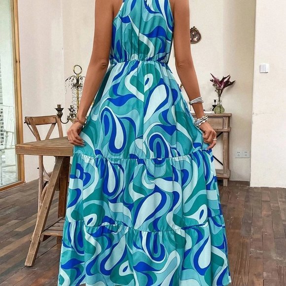 Blue Boho Womens Allover Print Split Thigh Ruffle Hem Halter Dress - Picture 2 of 5